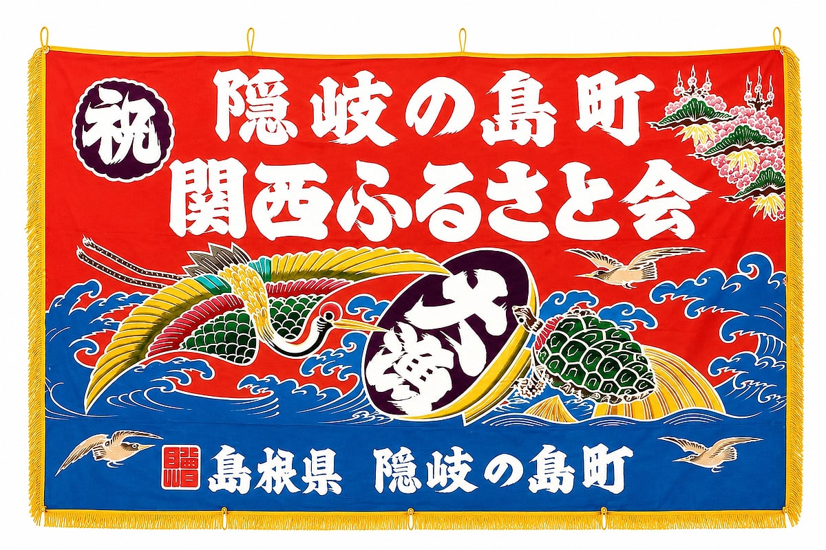 隠岐の島町関西ふるさと会の会旗（大漁旗）。鳳凰・海亀・荒波が色鮮やかに描かれ、祝 隠岐の島町 関西ふるさと会、島根県 隠岐の島町と記されている。